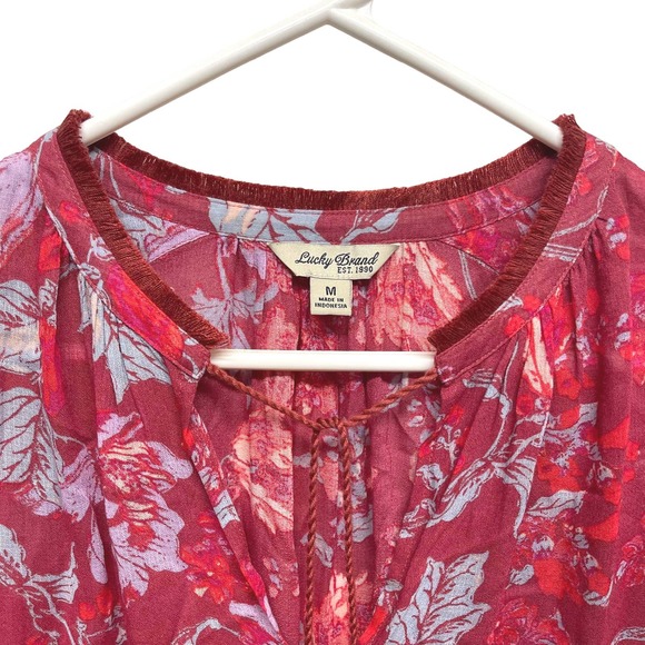 Lucky Brand blouse top medium boho pink red blue pullover ties - Picture 6 of 9